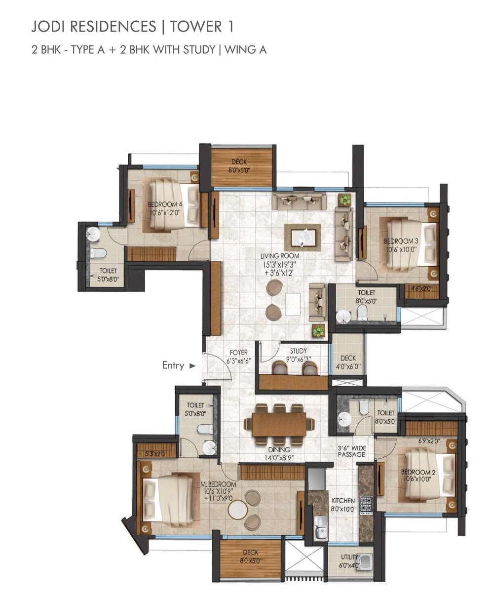2+2 BHK Jodi Floor Plan